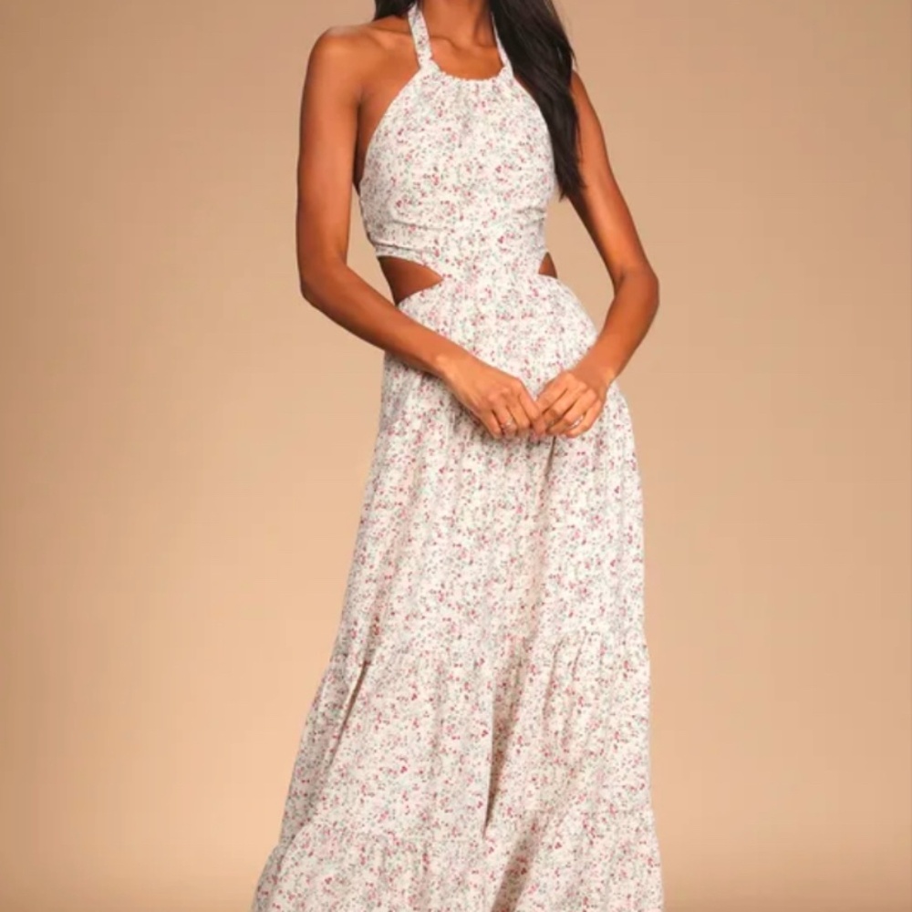 Lulus Blissful Days Ivory Floral Print Cutout Halter Maxi Dress White - Size L